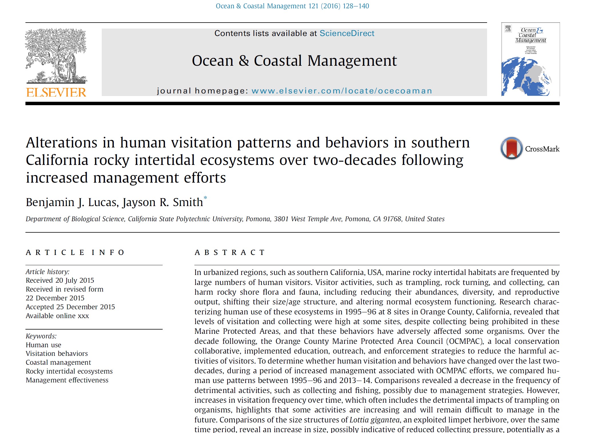Alterations in human visitation patterns and behaviors in southern California rocky intertidal ecosystems over two-decades following increased management efforts
