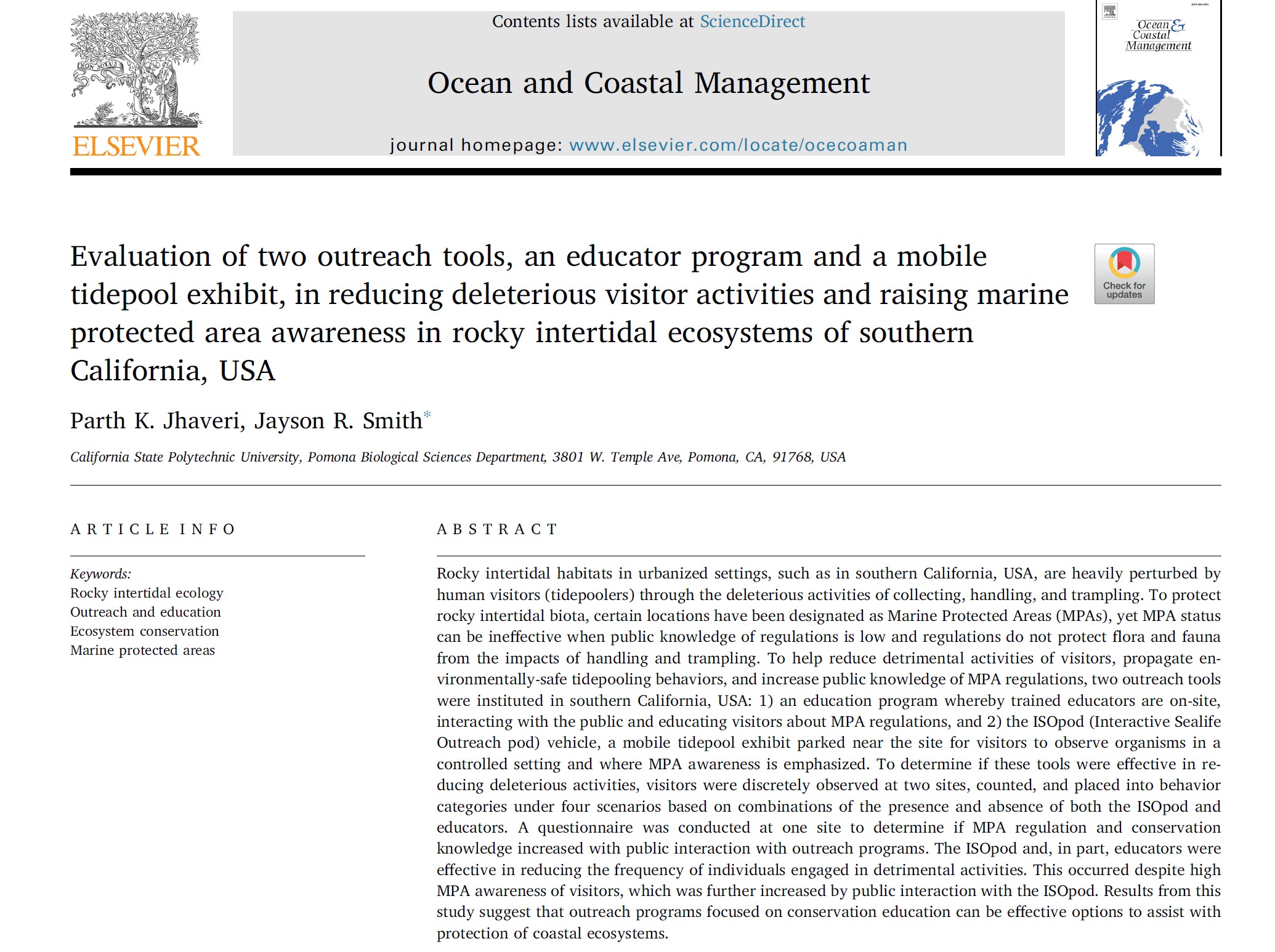 Evaluation of two outreach tools, an educator program and a mobile tidepool exhibit, in reducing deleterious visitor activities and raising marine protected area awareness in rocky intertidal ecosystems of southern California, USA