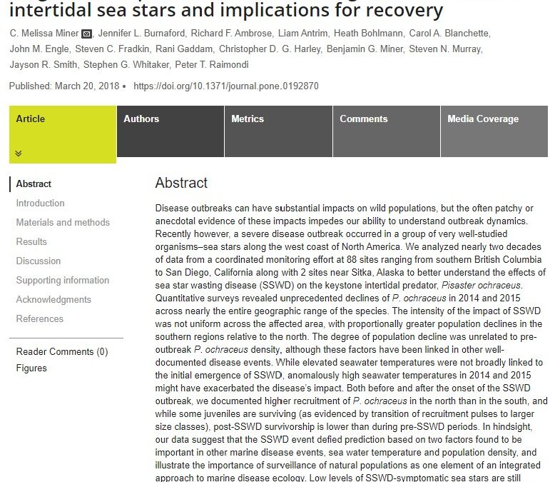 Large-scale impacts of sea star wasting disease (SSWD) on intertidal sea stars and implications for recovery.